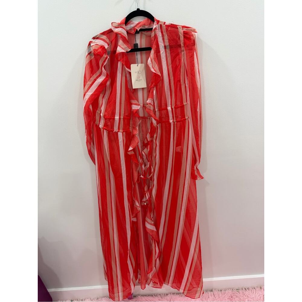 PatBO Red and White Striped Sheer Ruffle Robe Cover - Picture 3 of 10